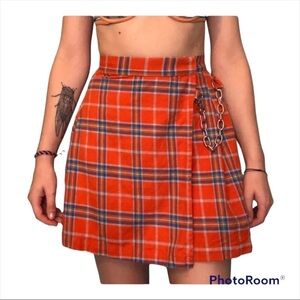 THE RAGGED PRIEST Orange Plaid Tartan Cotton Mini Skirt Chain Detail Size Small